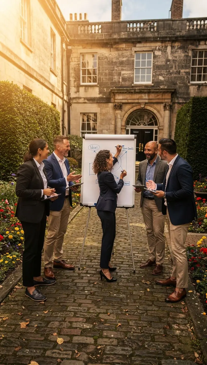 Group engaged in corporate team-building challenge activities.